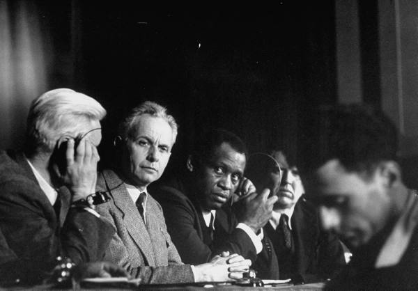 Alexander Fadyeev, Louis Aragon and Paul Robeson attending the Paris Peace Congress (1949)