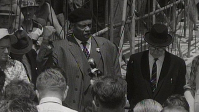 Paul Robeson performs for construction workers building the Sydney Opera House in 1960