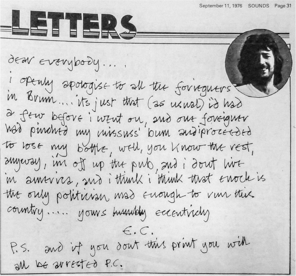 Η επιστολή του Clapton στην εφημερίδα Sounds (11/9/1976)